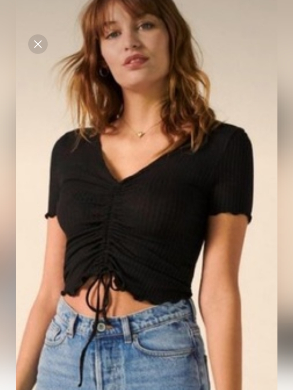 ROUJE Frank Black Ruched V-Neck Drawstring Top